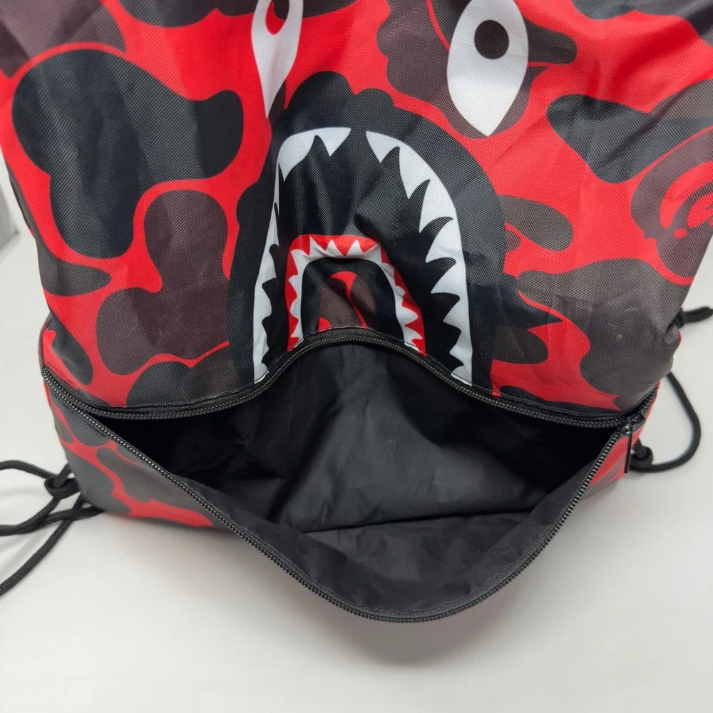 BAPE‎ Shark Drawstring Backpack Red Black Camo Zipper Pocket Streetwear Bag